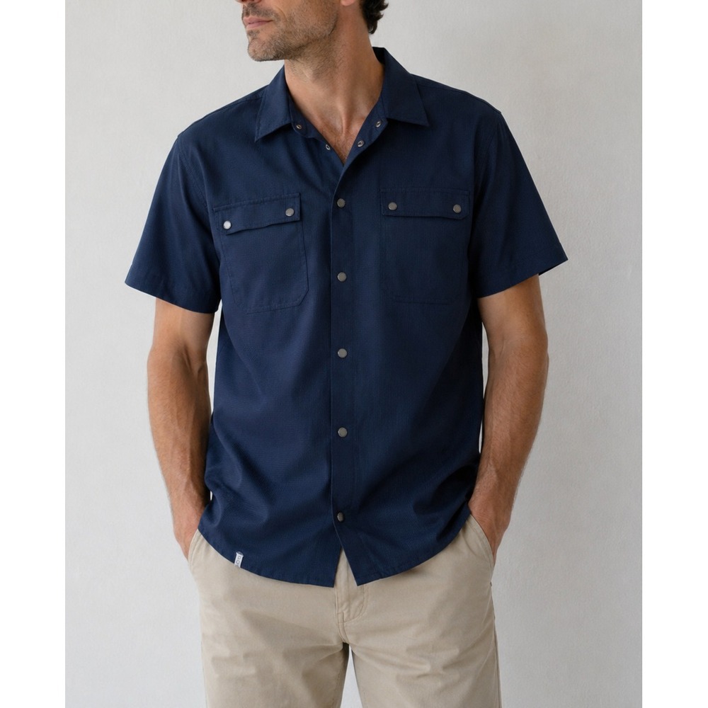 QOR Short Sleeve Snap Button Up Pocket Shirt Navy Blue Men's Large Vented Back